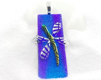 Dragonfly necklace, dichroic glass pendant, Dragonfly pendant, blue fused glass necklace, dichroic jewelry, handmade gift, bug jewelry