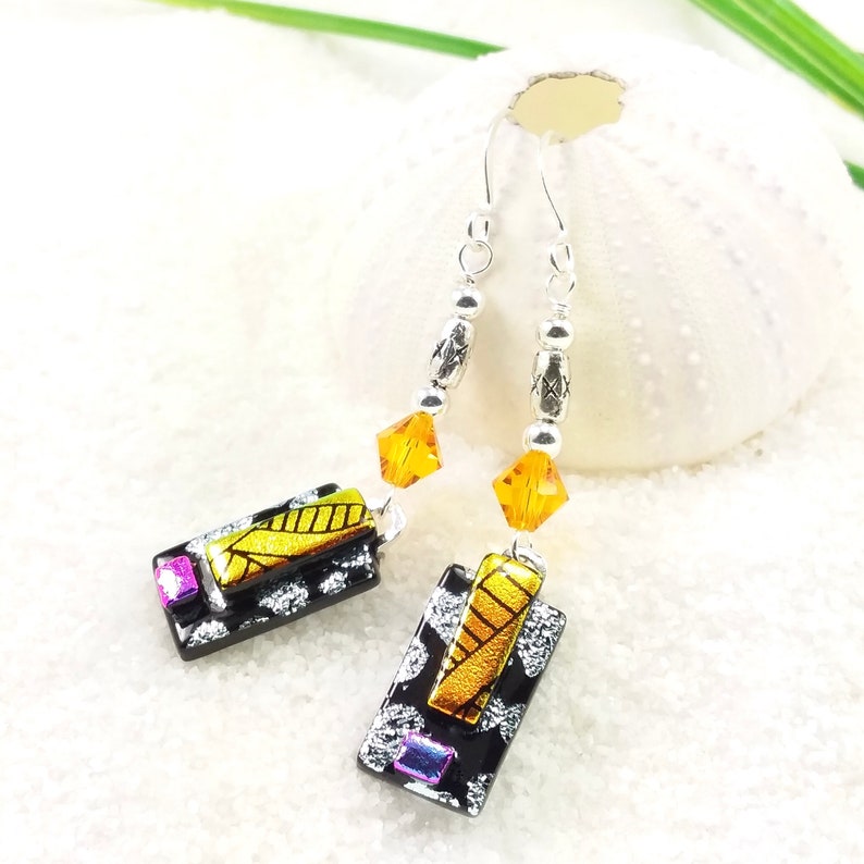 Silver Dichroic earrings, fused glass jewelry, heart earrings, black, glass fusion, fused glass art, dichroic jewelry, Hana Sakura, handmade image 2