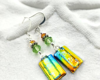 Dichroic earrings, fused glass jewelry, orange dichroic earrings, glass fusion, fused glass art, dichroic jewelry,Hana Sakura,handmade gifts