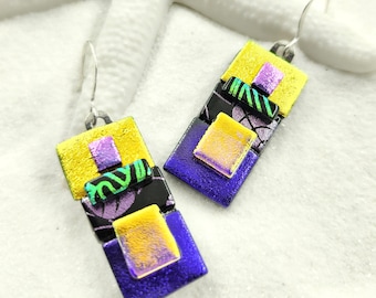 Purple earrings, Unique dichroic glass earrings, glass fusion jewelry, handmade earrings, dichroic jewelry, Hana Sakura, statement earrings