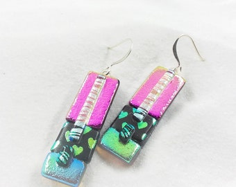 Pink Dichroic earrings, fun heart earrings, fused glass jewelry, statement earrings, glass fusion art, handmade jewelry, dichroic jewelry