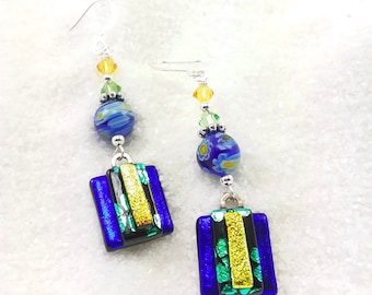 Dichroic earrings, glass fusion, sapphire blue, hana sakura designs, fusion glass jewelry, silver glass fusion, flower jewelry, artisan art