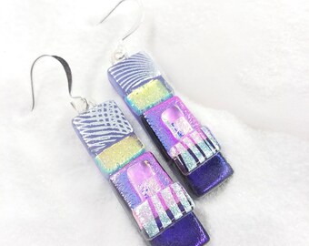 Dichroic glass earrings, fused dichroic jewelry, Glass earrings, purple jewelry, artisan dichroic jewelry, statement earrings, glass fusion