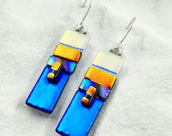 Blue Dichroic jewelry, dichroic earrings, Fused dichroic, trending earrings, handmade jewelry, dichroic glass earrings, fused glass art