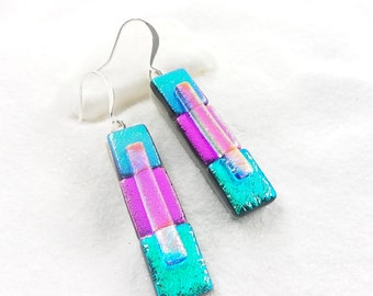 Turquoise Dichroic jewelry, dichroic earrings, Fused dichroic, trending earrings, handmade jewelry, dichroic glass earrings, fused glass art