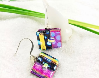 Pink dangle earrings, dichroic earrings, fused glass art, dichroic glass jewelry, fused jewelry, glass earrings, pink short earrings, fusion