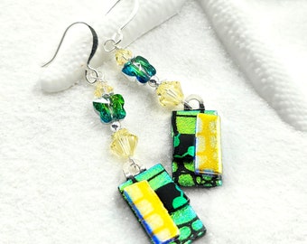 Butterfly earrings, Dichroic glass earrings, green jewelry, fused glass jewelry, fused dichroic glass, handmade jewelry, statement earrings