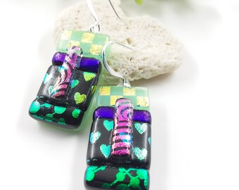 Dichroic glass earrings, fused dichroic, Green earrings, fused glass beads, heart earrings, handmade jewelry, glass jewelry, fun statement