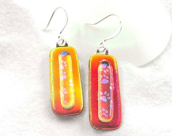 Dichroic red earrings, fused glass art, dichroic jewelry, fused dichroic, glass earrings, ruby red jewelry, silver plated, dangle earrings