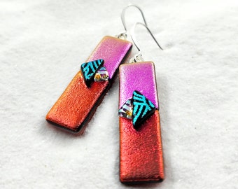 Pink Red Dichroic earrings, color block earrings, fused glass jewelry, dichroic jewelry,  glass fusion art, handmade jewelry, dichroic