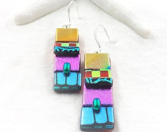 Rainbow Dichroic earrings, rainbow earrings, fused glass jewelry, statement earrings, glass fusion art,fun handmade jewelry,dichroic jewelry