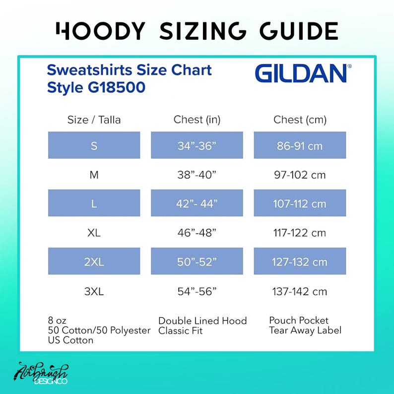May include: A Gildan hoodie sizing guide with chest measurements in inches and centimeters. The chart includes sizes S to 3XL, with chest sizes ranging from 34"-36" to 54"-56" and 86-91 cm to 137-142 cm. Features include a double-lined hood and a pouch pocket.