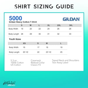 May include: Shirt sizing guide for Gildan Heavy Cotton T-shirts. Includes measurements for body width and length in inches for adult and youth sizes. Features the Gildan logo and details about the fabric and construction.