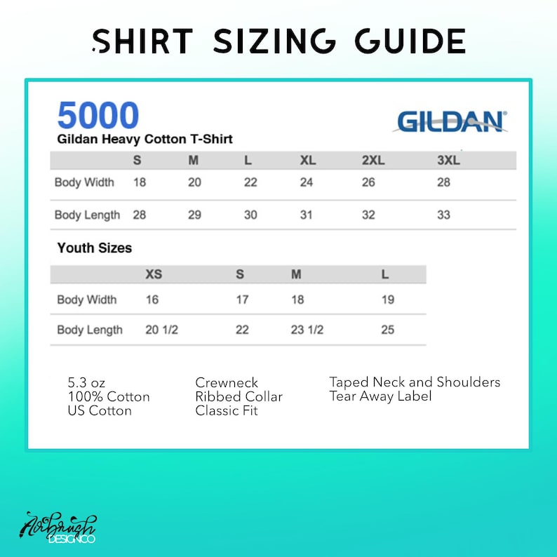 May include: Shirt sizing guide for Gildan Heavy Cotton T-shirts. Includes measurements for body width and length in inches for adult and youth sizes. Features the Gildan logo and details about the fabric and construction.