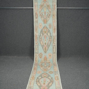 Handmade Turkish Oushak Runner Rug: Organic Wool Kitchen Carpet (2.3x11.11 ft.)