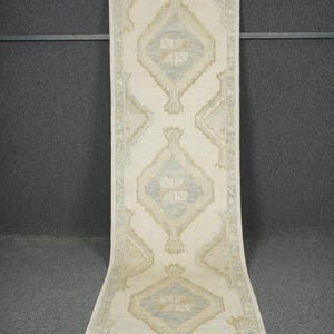 Handmade Oushak Runner Rug 3x11: Turkish Wool, Light Gray & Pastel
