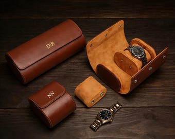 Personalized customized leather case, travel watch roll, 3-piece watch roll, groom's gift, Valentine's Day gift, gift for him