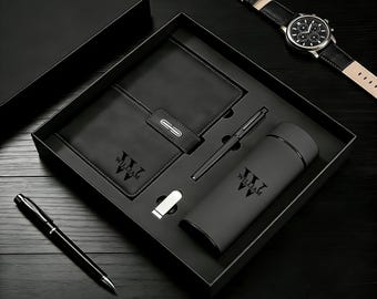 Customized leather notebook set, custom carved notebook with pen, year-end thank-you gift, matching pen, new work gift