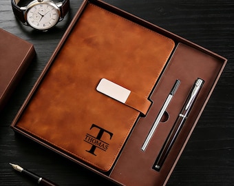 Custom Engraved Notebook With Pen, Leather Notebook Set, End Of Year Thank You Gift, Matching Pen, Custom Graduation Gifts, New Job Present