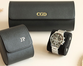 Customized Black Leather Watch Roll, Travel Watch Box