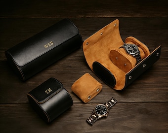 Personalized customized leather case, travel watch roll, 3-piece watch roll, groom's gift, Valentine's Day gift, gift for him