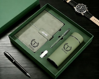 Customized leather notebook set, custom carved notebook with pen, year-end thank-you gift, matching pen, new work gift