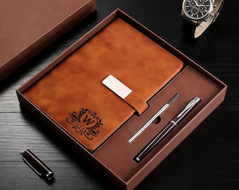 Custom Engraved Notebook With Pen, Leather Notebook Set, End Of Year Thank You Gift, Matching Pen, Custom Graduation Gifts, New Job Present