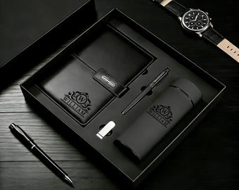 Customized leather notebook set, custom carved notebook with pen, year-end thank-you gift, matching pen, new work gift