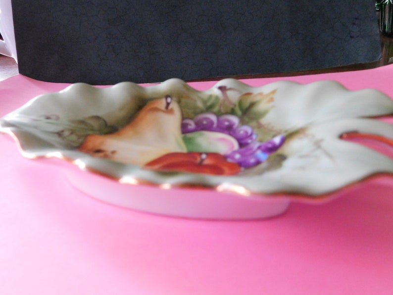 nut dish candy dish Mid century vintage Lefton China hand painted fruit green leaf shape trinket dish
