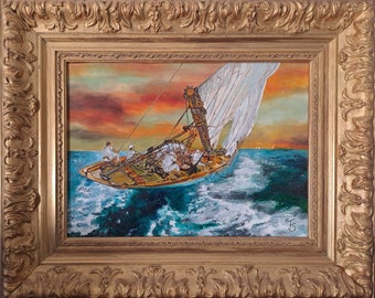 peinture huile mer vague voilier cadre doré. En choisissant cette création vous possédez une œuvre d'art unique authentique et originale.
