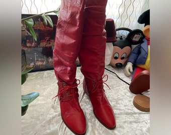 70's 80s Rare Red Leather Lace Up Knee High Boots