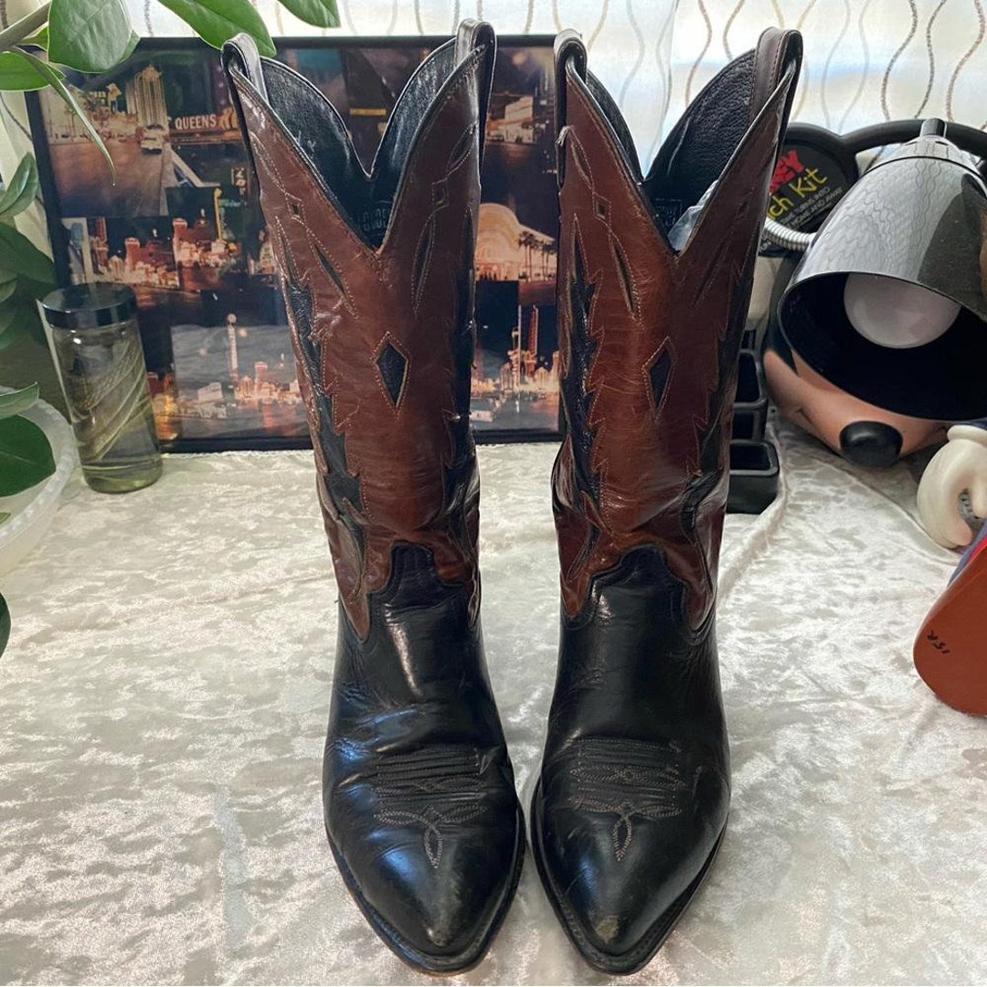 80s Vintage Code West Brown and Black Tooled Western Cowboy Boots - Etsy