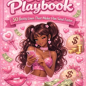 May include: A pink illustration featuring a woman with a phone, hearts, money, and the text "The Brat Playbook: 50 Bratty Lines That Make Him Send Faster." The image has a glittery effect and a cartoon style.