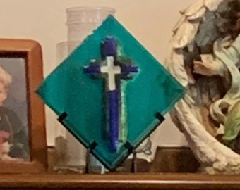 Fine Silver and Dichroic Cross on Peacock Blue Art Glass