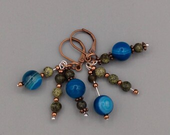 Blue Agate, Green Stones & Copper Earrings