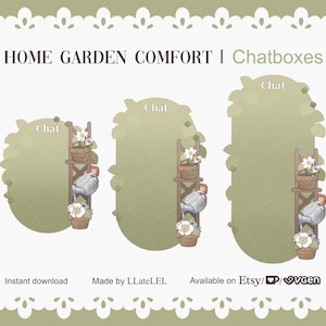 Könnte beinhalten: Digitales Kunstwerk mit drei Chatbox-Designs mit Gartenthema. Jede Chatbox enthält eine Holzleiter, Blumentöpfe und eine Gießkanne. Der Text "HOME GARDEN COMFORT | Chatboxes" ist oben zu sehen.