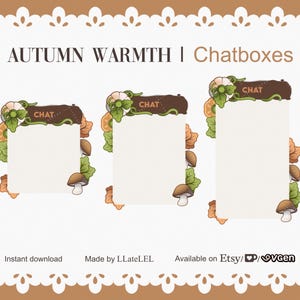 May include: Three digital chat boxes with a fall theme. Each box has a brown and white mushroom, green leaves, and the word "CHAT" in a brown box. The boxes are on a white background with a brown lace border.