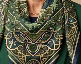 Green Silk Scarf | Irish Celtic Knot Gift for Women | Luxury Personalized Silk Square