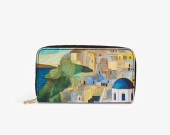 Greece Inspired Faux Leather Wallet | Vegan Leather with Gold Zipper