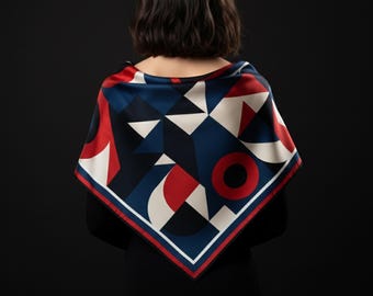 Sciarpa in raso blu navy e rosso / Sciarpa quadrata in seta artificiale con motivo geometrico / 90 x 90 cm / 35 x 35 pollici