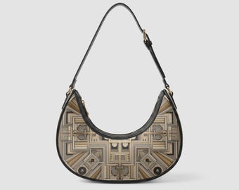 Crescent Bag | Art Deco Vegan Purse | Gold and Black Faux Leather Handbag