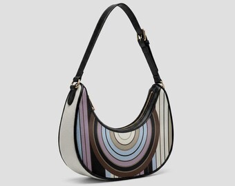 Retro Crescent Bag | Under Arm Handbag | Blue, Brown, Ivory