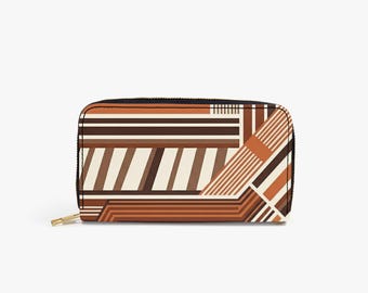 Faux Leather Printed Wallet with Zipper | Orange Brown Cream | Vegan Leather