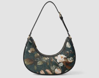 Dark Floral Leather Bag | Vegan Leather Purse | Unique Printed Womens Handbag