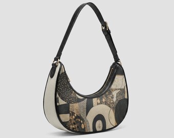 Crescent Bag Purse | Black and Cream Vegan Leather Bag | Custom Shoulder Bag
