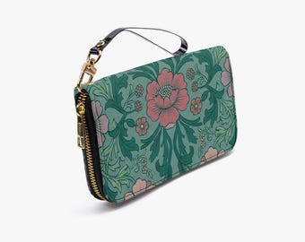 Floral Leather Wallet with Gold Zipper | Green and Pink | Womens Faux Leather Purse
