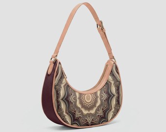 Crescent Bag Purse made from Vegan Leather | Unique Half Moon Bag | Beige and Gold