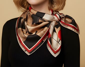 Abstract Red Silk Scarf | Silk Satin Square Shawl, Beige Black Accents