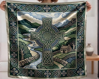 Celtic Cross Silk Scarf | Luxury Green Silk Square | Personalized Irish Gift for Women