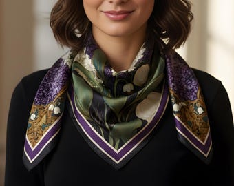 Purple Floral Silk Square Scarf | Art Nouveau Botanical Lilac Design, Satin Shawl